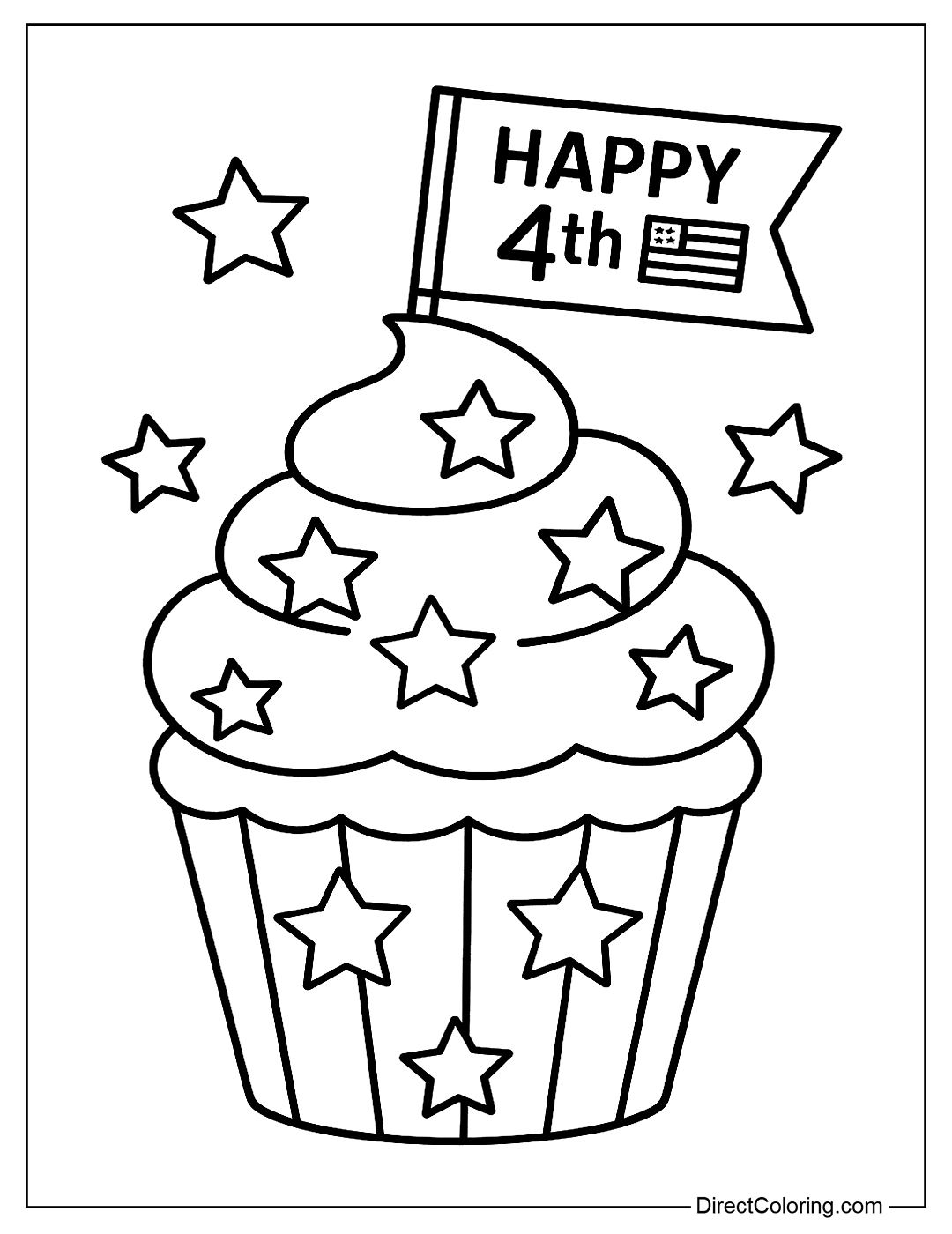 A cupcake decorated with red, white, and blue stars, a small flag on top, and the words 